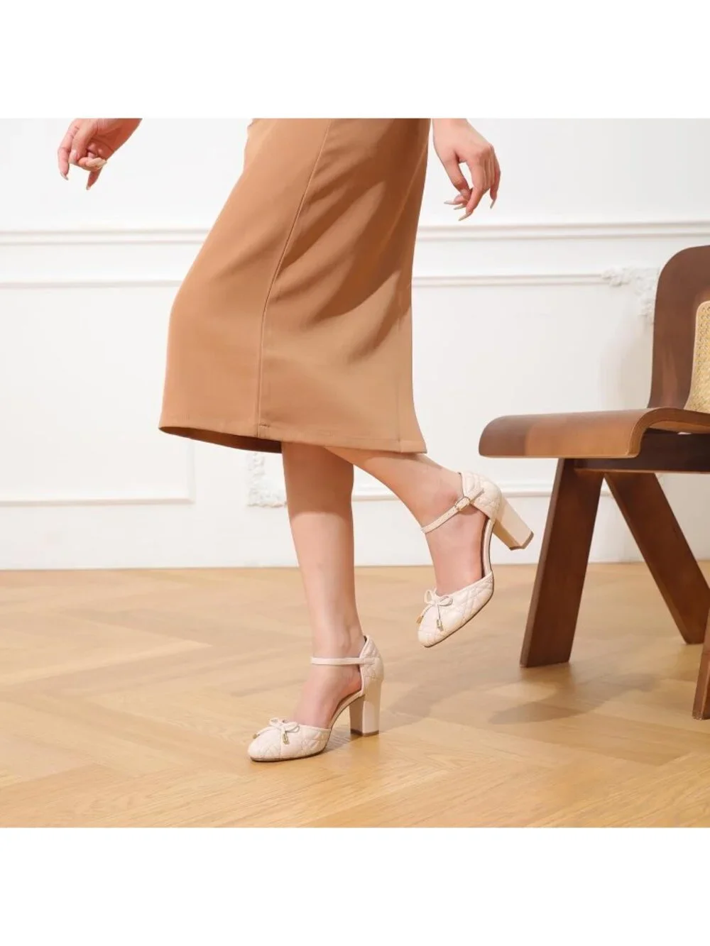 Women's Nude Chunky Block Heel Pumps, Bow Ankle Strap Closed Toe High Heels